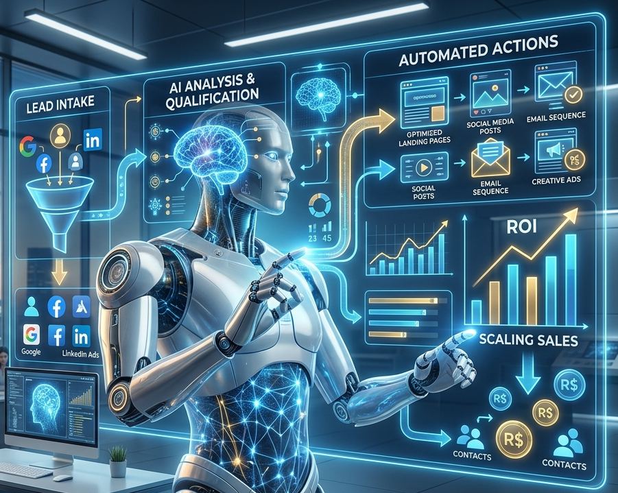 Sistemas de automação de IA no marketing integrando dados e qualificando leads comerciais